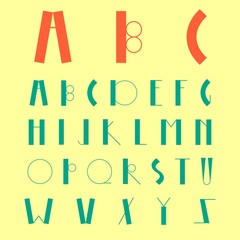 Minimal geometric style font can be used for invitations, card, posters, logo, banners and other design. Latin alphabet letters on a yellow background. Hipster font, typeface, typography, typewriter.