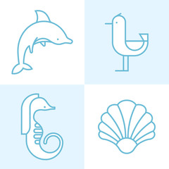 Sea animal silhouettes, isolated.