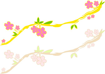 Japanese pinkish flowers with green leaves on yellowish trunk