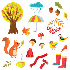 Autumn collection illustration with nature elements and animals