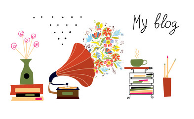 Music blog banner with gramophone and vintage objects