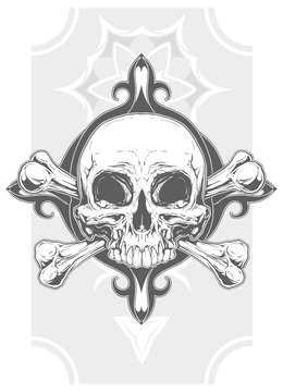 Grey human skull with two bones tattoo