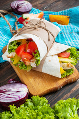 Burrito with grilled chicken and vegetables - pita bread, shawarma