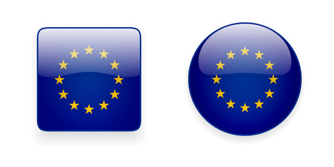 The European Union flag vector icon set. Shiny round icon and square icon with Europe flag on white background.