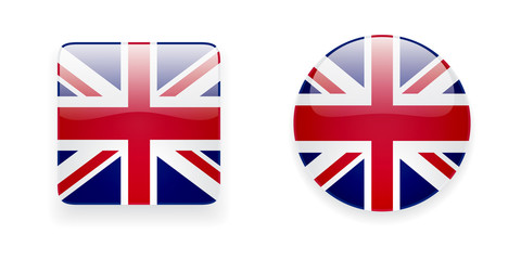 The Union Jack flag vector icon set. Glossy round icon and square icon with flag of the UK on white background.