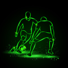 Two soccer players fighting for the ball. Forward and defender playing football. Sport vector neon illustration.