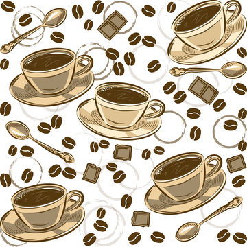 Seamless pattern with coffee beans and cups. Vector illustration