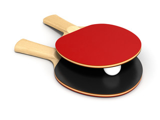 ping-pong rackets and ball on white background 3d
