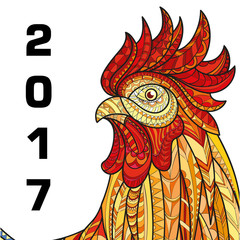 Hand drawn doodle outline rooster illustration. Patterned fiery on the white background. Symbol of chinese new year 2017. It may be used for design a t-shirt, bag, postcard, poster and so .