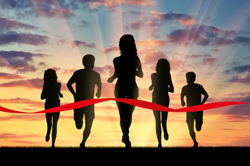 Running sports. Five runners and red tape