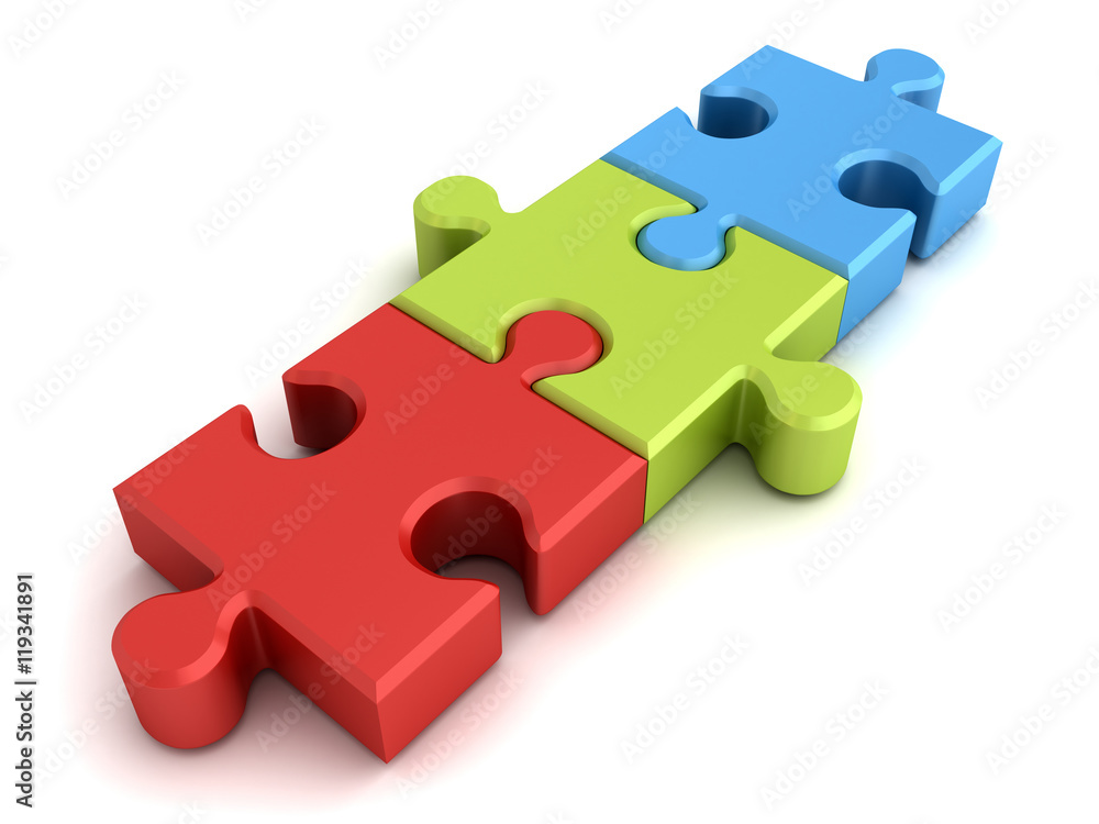 Poster colorful jigsaw puzzle pieces concept isolated on white background with shadow 3d rendering