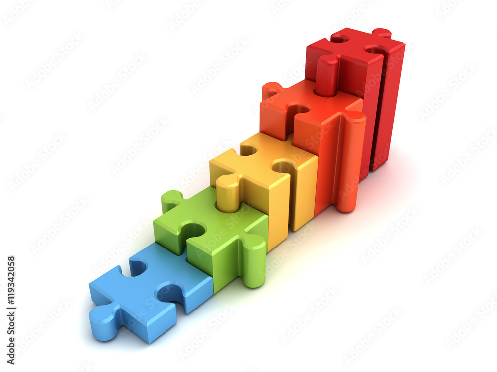 Poster colorful jigsaw puzzle graph pieces concept isolated on white background with shadow 3d rendering