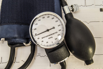 Aneroid sphygmomanometer with dial, bulb, air valve and a folded cuff, just after use to measure...