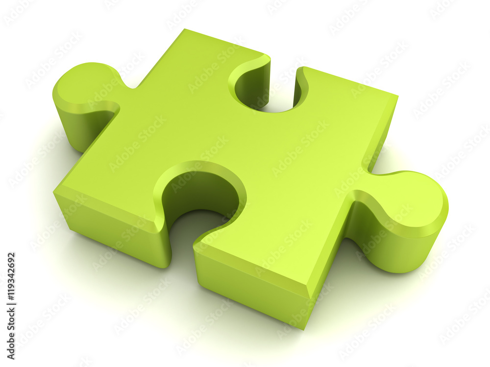 Poster green jigsaw puzzle piece isolated on white background with shadow 3d rendering
