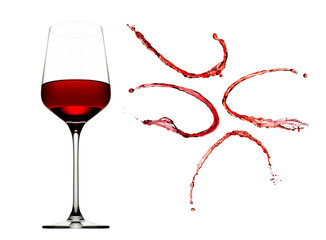 Red wine splashes with glass isolated on white background
