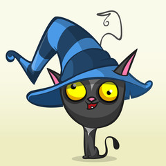 Naklejka premium Cartoon Halloween black cat in witch hat. Vector illustration isolated