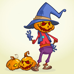 Cartoon pumpkin scarecrow. Halloween vector illustration of a happy scarecrow waving. Vector  isolated on white