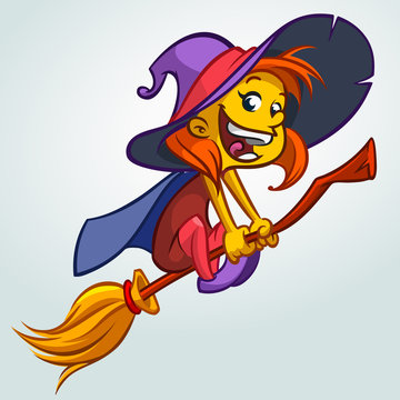 Cute witch flying on her broom. Vector Halloween illustration of witch isolated on white background.