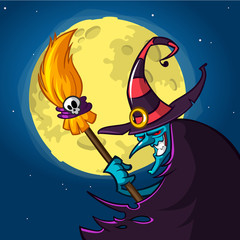 Fototapeta premium Halloween blue witch in hat with a broom isolated on night background with moon. Vector illustration