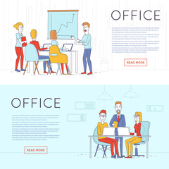 Business characters thin line. Co working people, meeting, teamwork, collaboration and discussion, presentation of the project, brainstorm. Workplace. Office life. Flat design vector illustration.