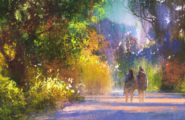 couple walking in beautiful place,walkway in forest,illustration painting © grandfailure