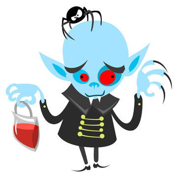 Funny vampire holding bag of blood. Halloween vector dracula illustration 