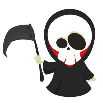 Vector cartoon illustration of Halloween death with scythe, grim reaper isolated.