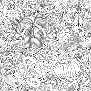 Thanksgiving day seamless pattern. Various elements for design. Cartoon vector illustration. Black and white colors. Autumn background