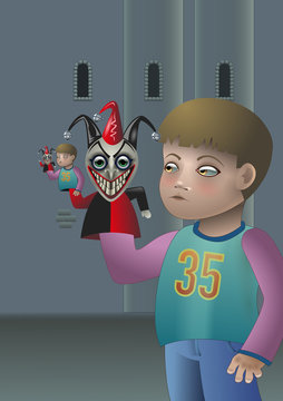 A kid playing with a evil Jester puppet
