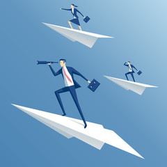 businessman flying on a paper airplane and looking through a telescope, business people flying in paper planes, business concept team and leadership