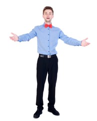 Smiling businessman in a bow tie looking up. top view. Hospitable businessman.