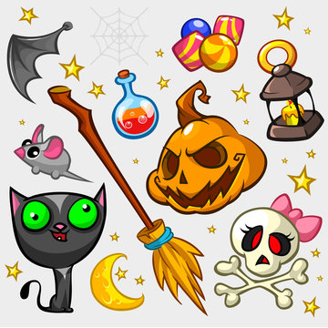 Collection of Halloween pumpkin and attributes for decoration. Witch cat, mouse, bat wing, candies, pumpkin, poison bottle, broom, skull and lantern icons. Halloween icon set