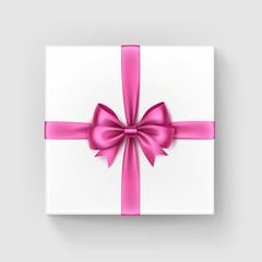 Vector White Square Gift Box with Shiny Light Bright Pink Satin Bow and Ribbon Top View Close up Isolated on Background