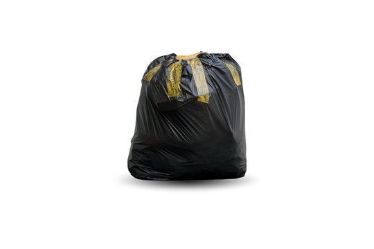 Black garbage bag put fully covered with adhesive tape isolated on white background.