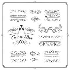 Wedding Invintation. Save the date. Vintage elements and page decoration. Ornate frames and scroll element.