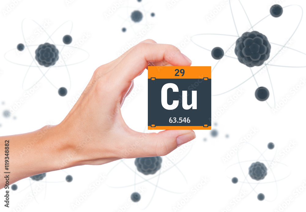 Poster copper element symbol handheld and atoms floating in background