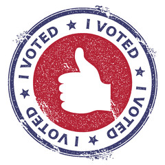 Grunge thumb up rubber stamp. USA presidential election patriotic seal with thumb up silhouette and I voted text. Rubber stamp vector illustration.