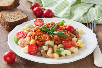 Pasta bolognese sauce / Pasta bolognese sauce with cherry tomato and basil leaf