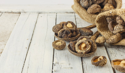 Dried shiitake mushrooms on white wood