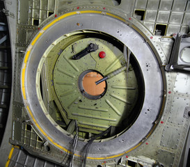 Hermetic closed the hatch of the space shuttle Buran. Inside vie - obrazy, fototapety, plakaty