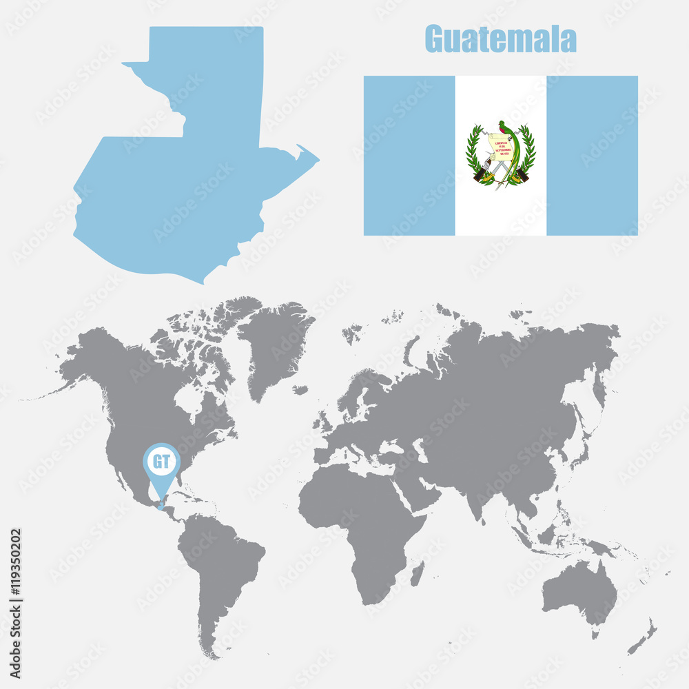 Poster guatemala map on a world map with flag and map pointer. vector illustration