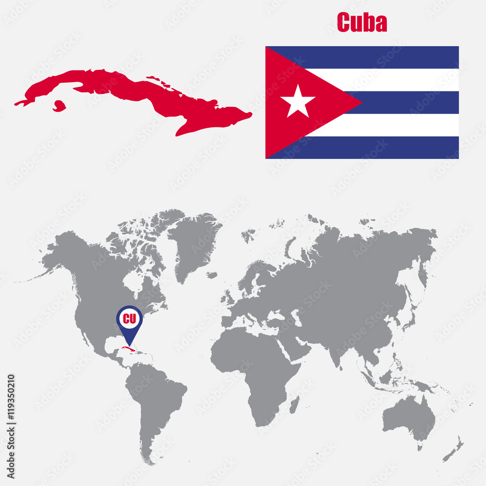 Poster cuba map on a world map with flag and map pointer. vector illustration