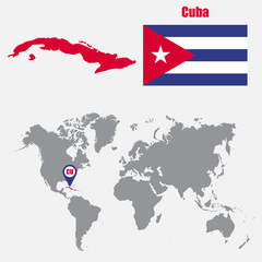 Cuba map on a world map with flag and map pointer. Vector illustration