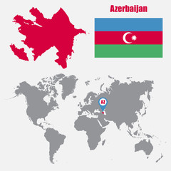 Azerbaijan map on a world map with flag and map pointer. Vector illustration