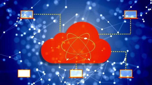 Cloud computing concept on computer display with animated icons, dots and lines of molecule or nuclear on blue background. 4K video.