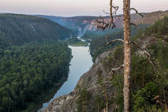 Bashkortostan, Russia. The White river in the southern Ural mountains at sunrise.
