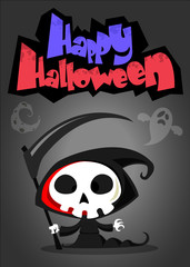 Vector Halloween poster with cute reaper with scythe. Skeleton death character in black hood isolated on dark background
