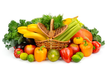 vegetables and fruits in a basket isolated on white background