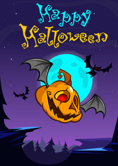 Cartoon Halloween flying pumpkin isolated on dark night background with a big full moon behind. Vector banner or poster for party