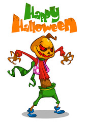 Halloween scary pumpkin head scarecrow. Vector postcard for Halloween party